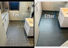 Nyt, moderne look med microcement på køkkengulvet.