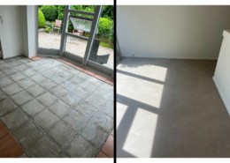 Før og efter billede af køkkengulv med microcement. Se forskellen.